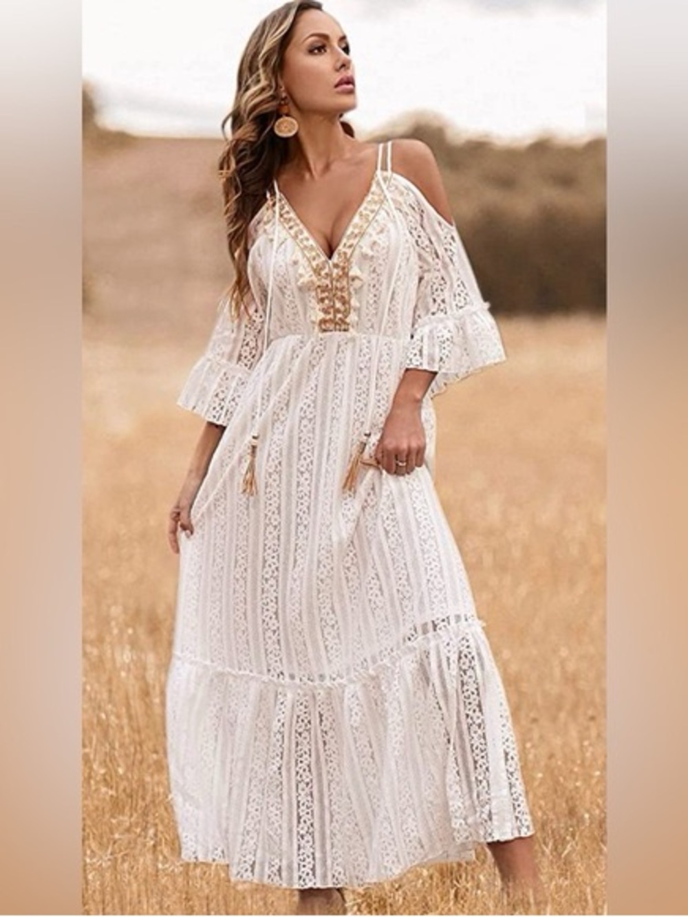 Small Boho Cold-Shoulder Maxi Dress cream & gold - Picture 3 of 13